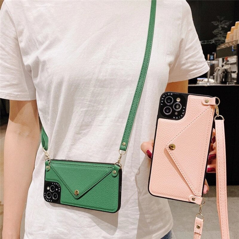 Leather Neck Strap Phone Case Card Holder Crossbody Bag For iphone 12 Series - theroxymob