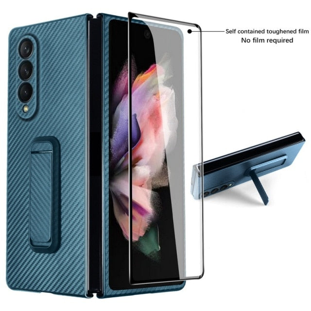 For Samsung Galaxy Z Fold 3 Case Luxury Real Carbon Fiber Phone Holder Cover Case with Tempered Glass - theroxymob