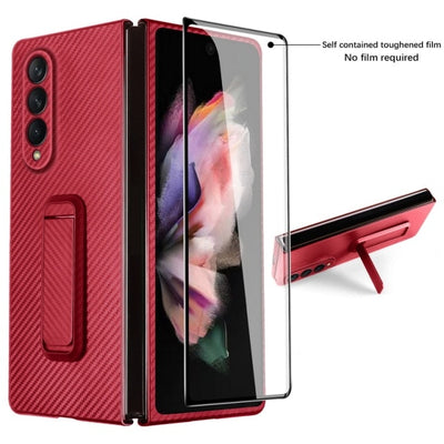 For Samsung Galaxy Z Fold 3 Case Luxury Real Carbon Fiber Phone Holder Cover Case with Tempered Glass - theroxymob