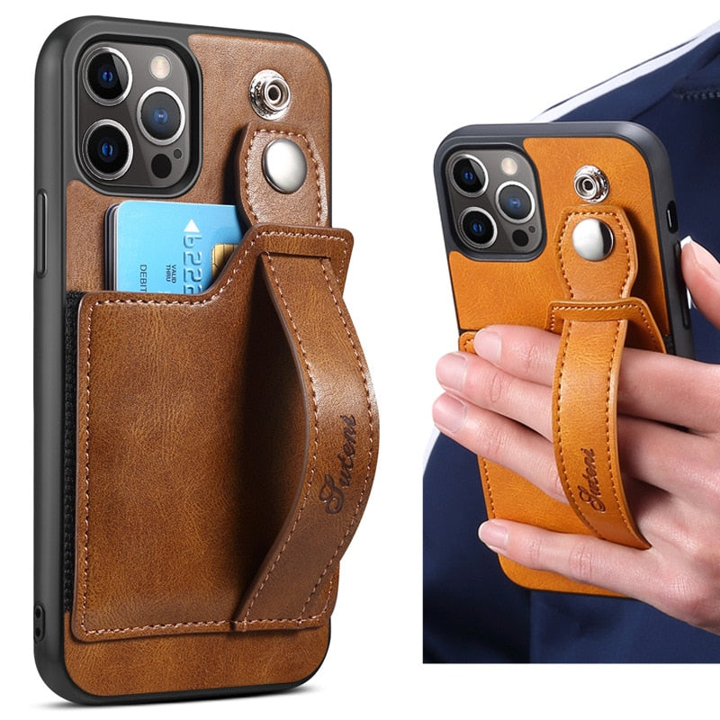 Cover Stand Feature with Wrist Strap and Credit Cards Pocket For iPhone Seies - theroxymob