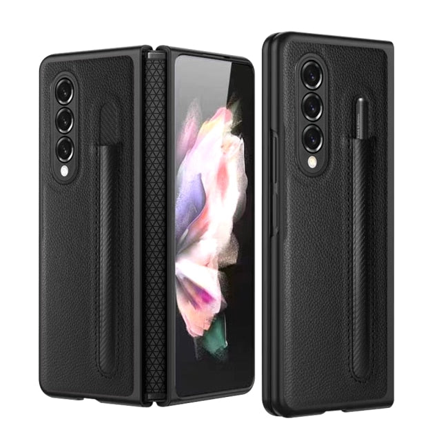 Leather Lychaee Pattern With S Pen Holde Cover For Samsung Galaxy Z Fold 3 5G Case PU+PC Shockproof Phone Case Coque Funda - theroxymob