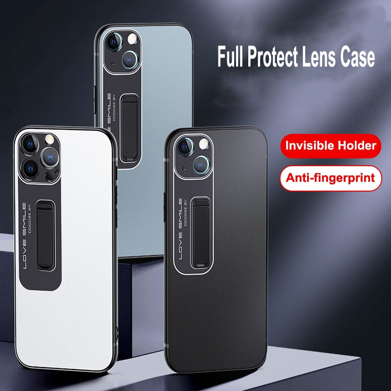 for iPhone 13 Series Case Invisible Metal Stand Holder Matte Sandy Shockproof Anti-fingerprint PC Cover Funda - theroxymob