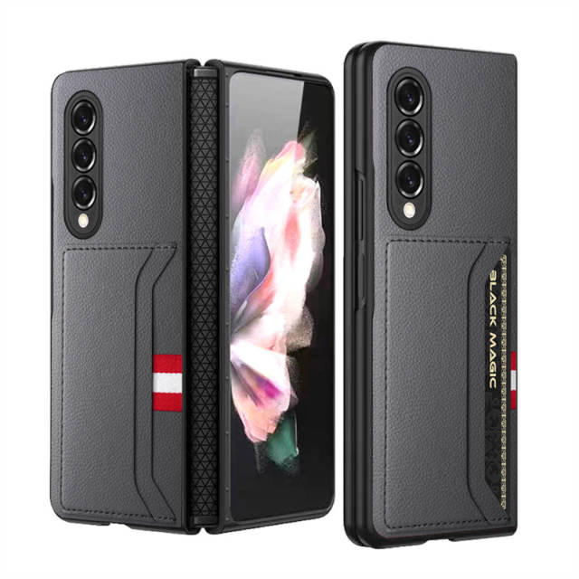 Full Protection Soft TPU Phone Case for Samsung Galaxy Z Fold 3 5G Leather Lychee Pattern Card Slots Hinge Protector Hard Cover - theroxymob
